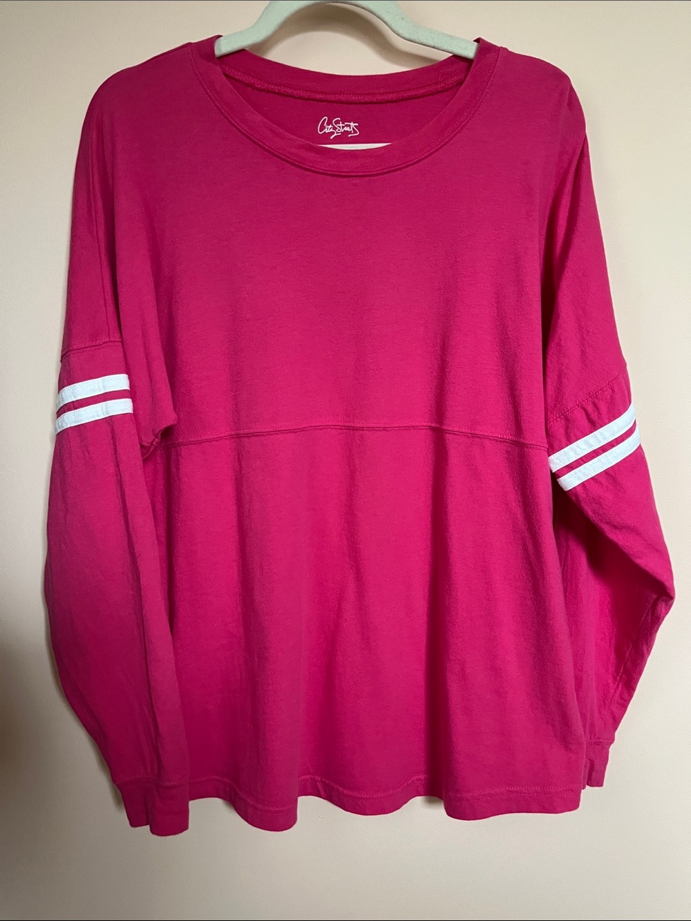 CITY STREETS 100% Cotton Bright Pink Oversized Relaxed Pullover Striped Tee XS